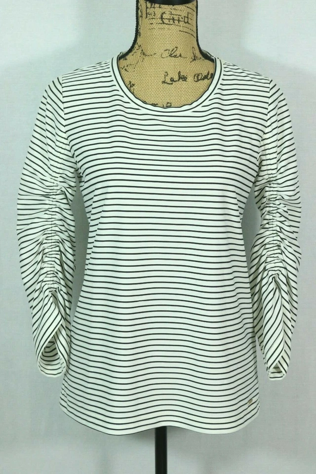 Camiseta Donna Karan New York Etiqueta Negra Rayas XXS Manga Reunida Ajuste Drapeado Foto 2 de 4