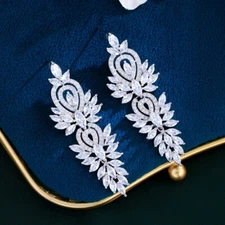 Silver Plated Long Drop Leaf Earring CZ Amerian Crystal Brilliant Bridal Wedding