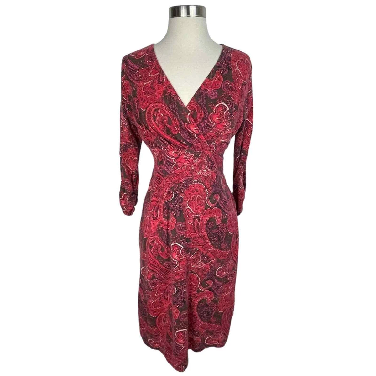 J. Jill Red Paisley Print Faux Wrap V Neck L S Midi Dress Size