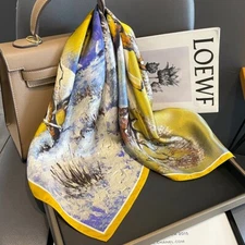 100% Mulberry Silk 27" Square Scarf Women Neckerchief Bandana Yellow Snow Trees