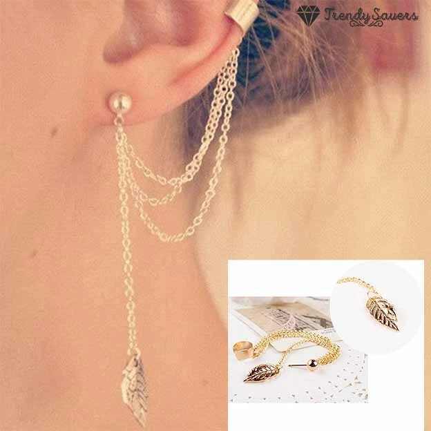 Leaf Ear Cuff Earrings Gold One Ear Stud Earrings Triple Chain For