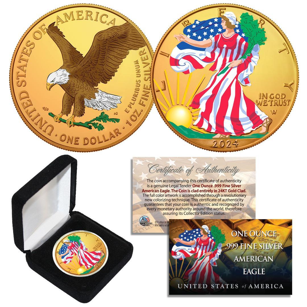 Combo 24K GOLD GILDED / COLOR 2024 American Silver Eagle 1 Oz .999 