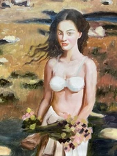 Potrait Woman Floral Landscape Realism Oil Painting Original Art 23X19 Unsigned
