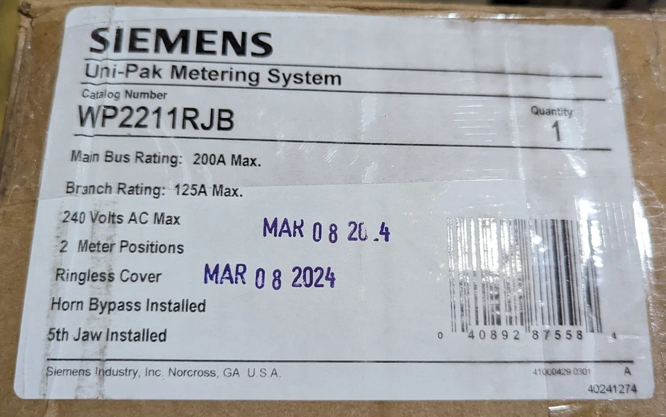 Siemens WP2211RJB Meter Socket 2-Gang 200A 125 Amp RINGLESS BYPASS UNI-PAK - Image 3 of 3