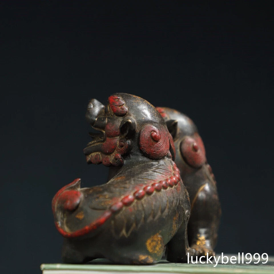 Antigua estatua de bestia león pareja dorada bronce dinastía Qing hecha a mano de China de 10" Foto 4 de 4