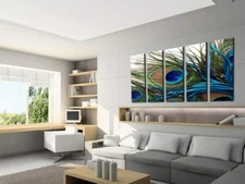 PEACOCK FEATHER 5 piece mounted on MDF panel wall art prints/surpassed stretched