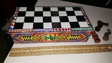 VINTAGE WOOD CHESS SET - FIGURES CERAMIC STON...