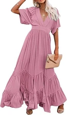 Chartou Women's 100% Rayon Boho Ruffle Sleeve Tiered Maxi Dress - Pink - L
