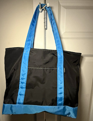 RARE L.L.Bean Black/Blue Large Tote Zip Top w/ Pouch, Inner Pockets, size medium