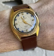 Silvana Alarm Sport Watch Vintage Gold Dress Rare Blue Roulette Dial Swiss