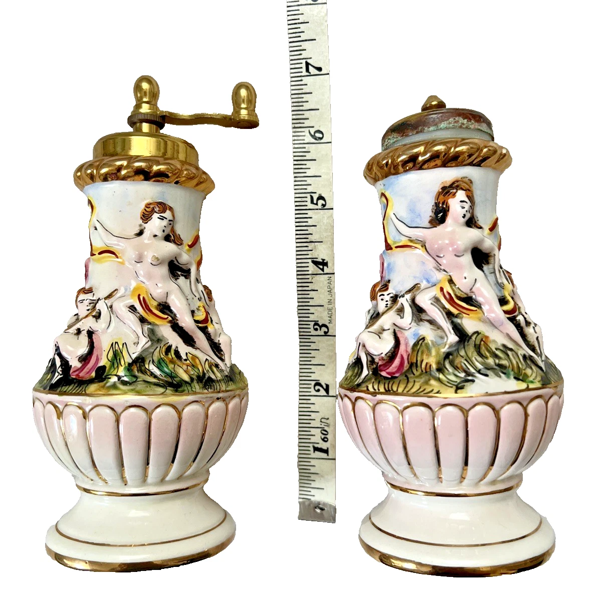 Capodimonte Salt and Pepper Mill Set of Two Multicolor Cherubs Design Italy 7"