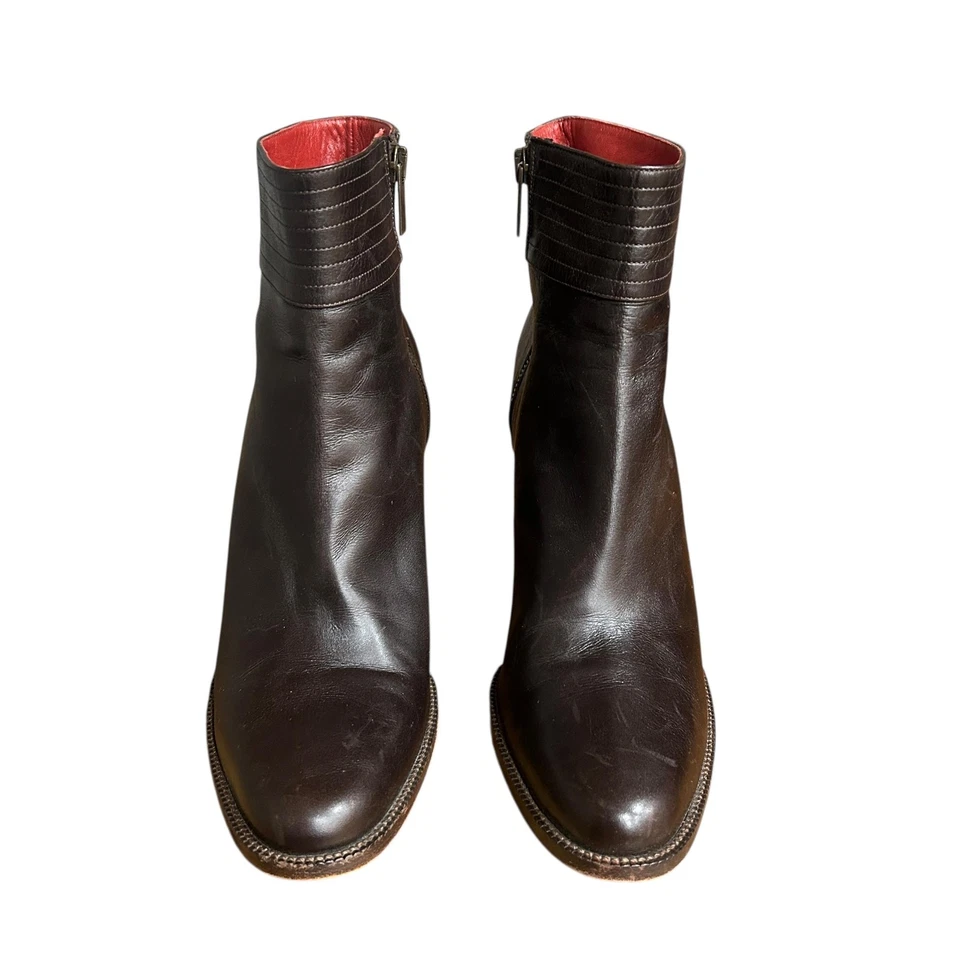 Lanvin Botas Mujer Talla 39 Cuero Marrón Tacón Bloque Botines Forro Rojo Foto 2 de 4