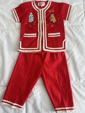 Duckling Vintage Embroidered Chinese Asian Top Pants Red White UNISEX Size 2