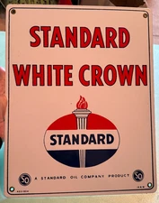VINTAGE 1951 DATED STANDARD WHITE CROWN GASOLINE PORCELAIN GAS MOTOR OIL SIGN
