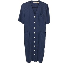 100% Silk Shirt Dress 12 Navy Button Front Midi Quiet Luxury VTG Pockets Belt