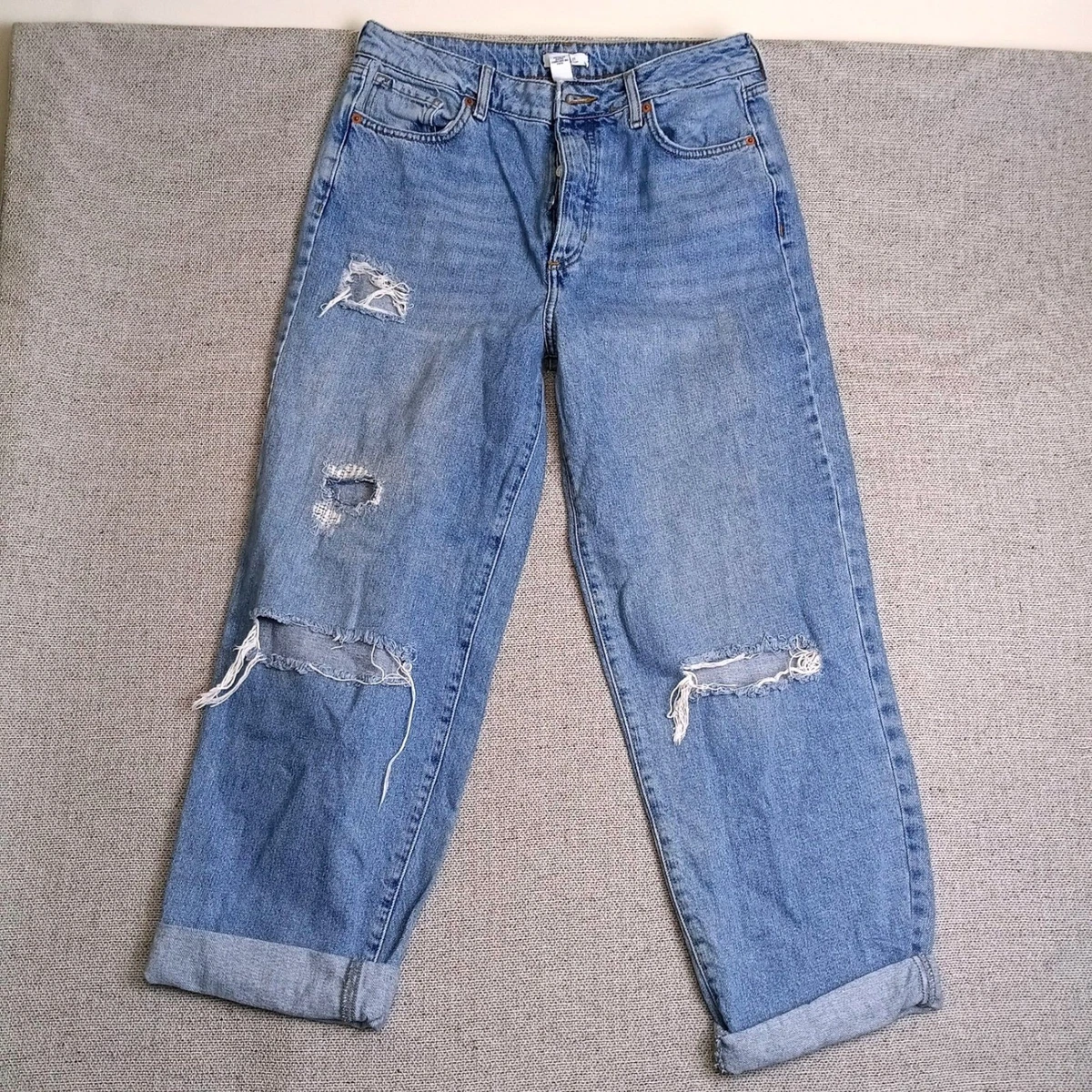 Jeans Forever 21 Distressed Pierna Ancha Mujer 28 Azul Excelente Algodón Rasgado