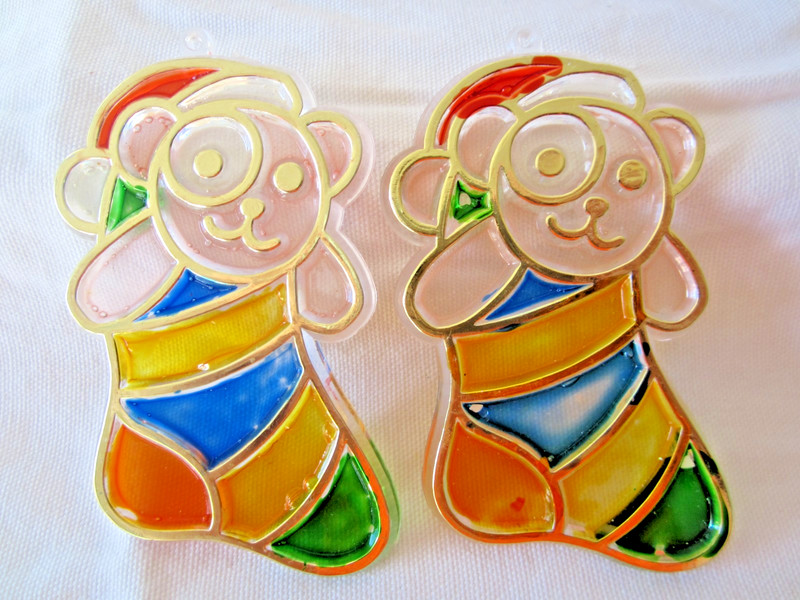 VTG Set of 2 Xmas Stocking Suncatcher Ornaments Flat Plastic Stain Glass Look