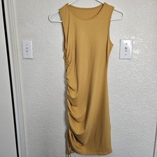 Sleeveless Bodycon Dress Size M Yellow Ribbed Side Drawstring Party Clubwear