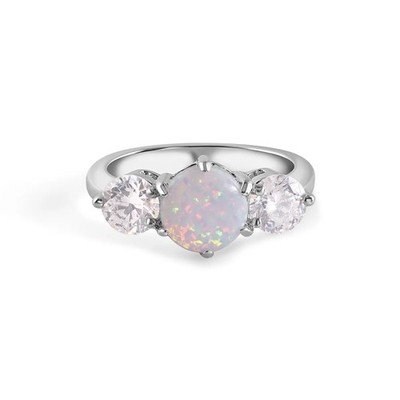 Sterling Silver Rhodium Plated Three Stone Trellis Syntethic Opal Clear CZ Ring