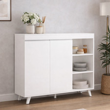 Sideboard Storage Cabinet 100cm 2 Doors 3 Open Face Shelves Kitchen Unit White