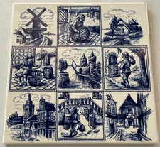 Vintage DELFT BLAUW Blue Handpainted Window Pane 9 Dutch Scenes Wall Tile Trivet