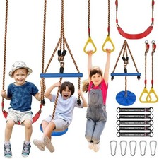 3pcs Kids Outdoor Swing Set W/ Adjustable Ropes Disc Ring Hangers Trapeze Bar