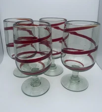 Pier 1 Swirline Red Swirl Water Wine Goblets Glasses 18oz Vintage S/4 Thick C58