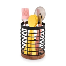 Black Iron Kitchen Utensil Holder with Acacia Wooden Base Round Flatware Stor...