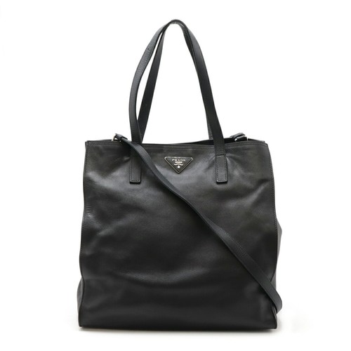 Prada Triangle Logo Tote Bag 2Way Shoulder Crossbody Leather Nero Black Silver H