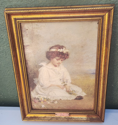 Vintage Oleograph bemaltes Bild verzierter Rahmen vergoldet Darling Blue John Millais