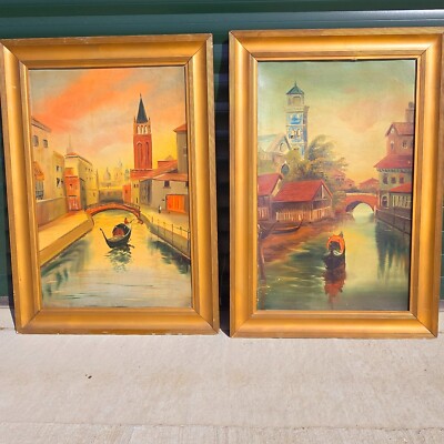Paar Original Öl auf Karton venezianische ''Grand Tour'' Gemälde alt Vintage 60x84cm