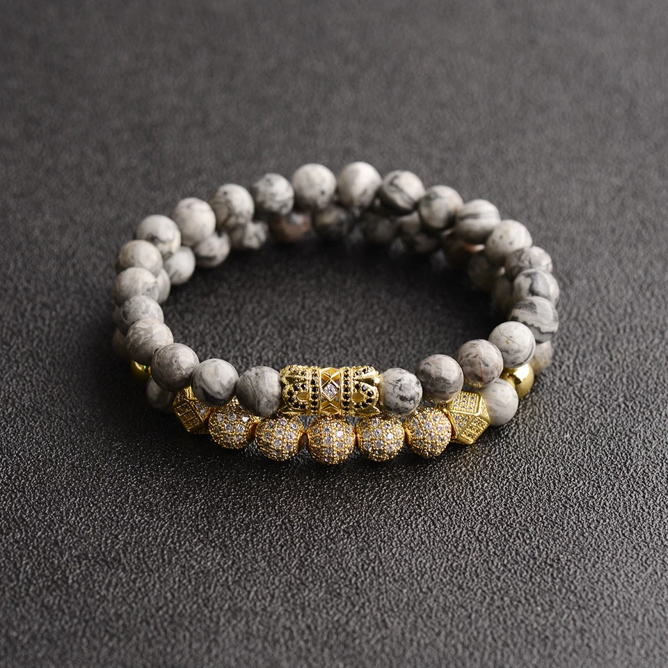 2024 Luxury Micro Pave CZ Ball Crown Charm Bracelets Men Jewelry Landscape Stone - Image 4 of 4