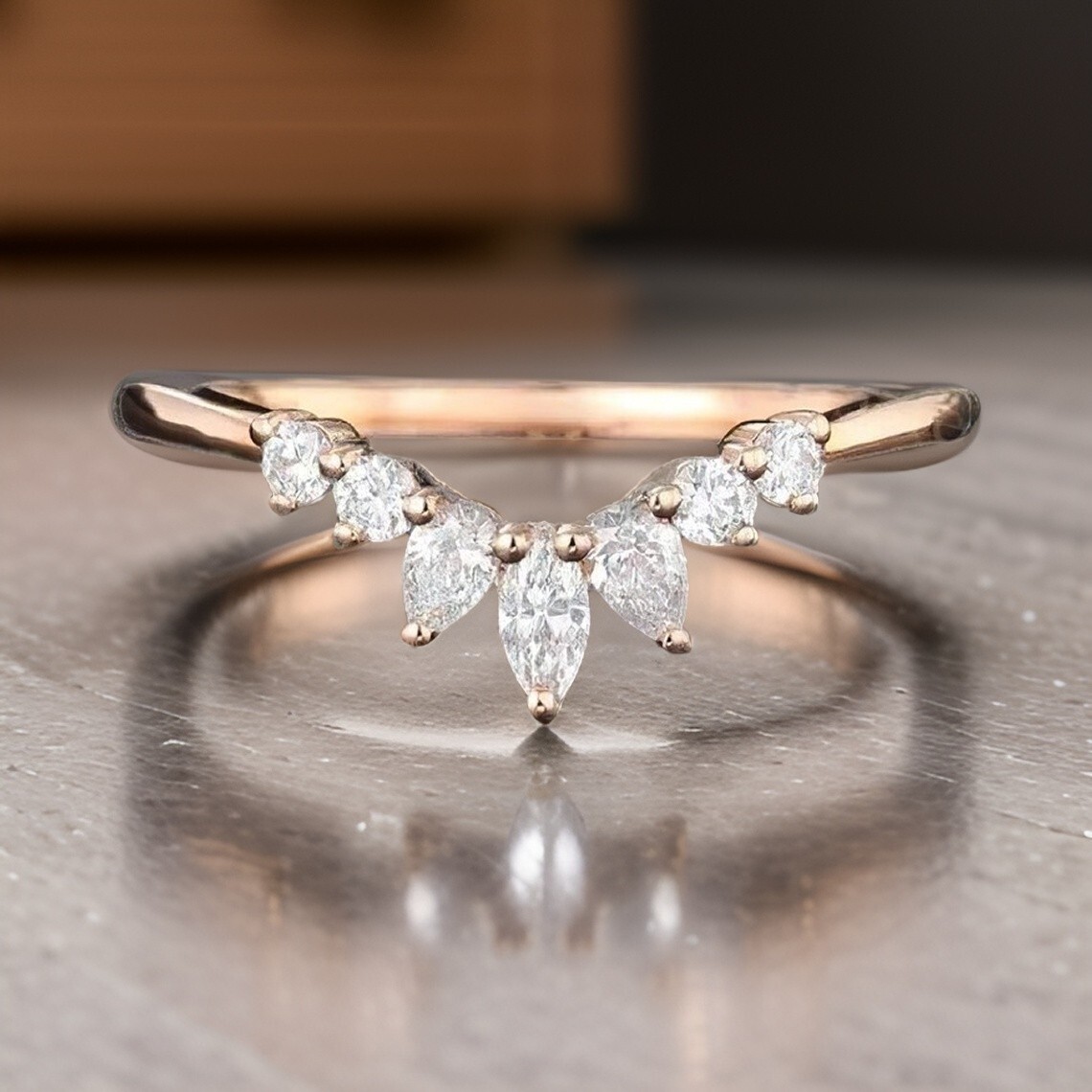 Curved Wedding Band Marquise and Round Cut Moissanite Anniversary