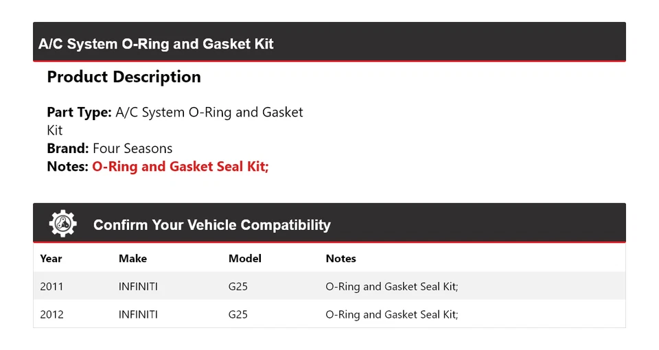 Para 2011-2012 INFINITI G25 A/C System O-Ring e kit de junta 4 estações - Imagem 2 de 4