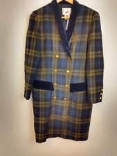 Vintage Mondi Navy Khaki Check Longline Jacket Velvet Lapels Uk Size 10 B38