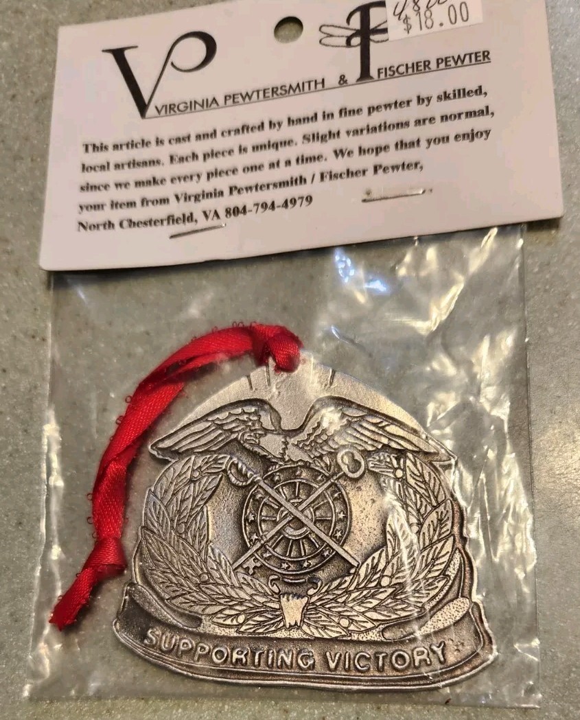 US Army Quartermaster Corps Supporting Victory Crest Pewter Ornament-Fort Lee VA