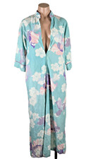 Vintage Komar House Coat Robe Dress Size Small Long Zip-Up Teal Floral Velour