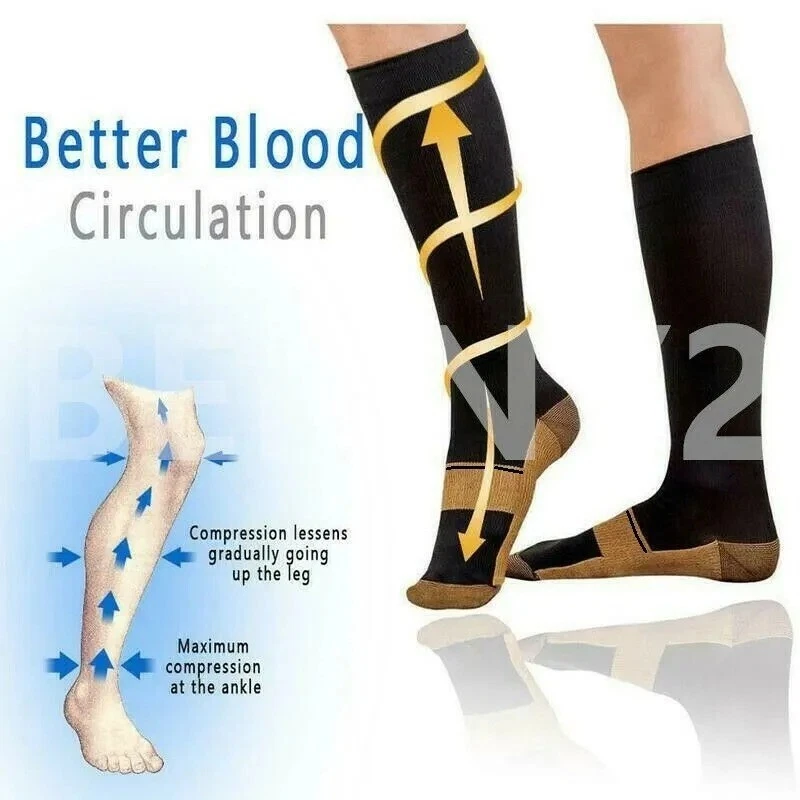 Unisex Copper Infused Anti-Fatigue Compression Socks Varicose Vein Stocking Pair - Image 2 of 4
