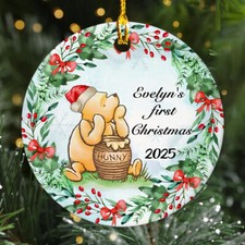 Personalized Winnie Pooh Bear Baby's First Christmas 2025 Circle Ornament