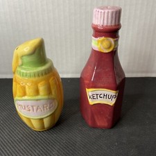 vintage hand painted ceramic mustard and ketchup salt and pepper shakers