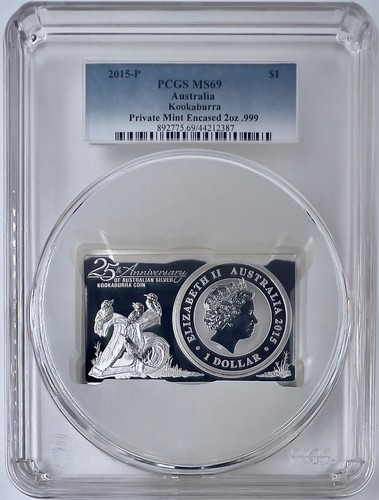 2015 P Australia Kookaburra Silver 3 Oz Bar and Coin PCGS MS 69 25th Anniversary