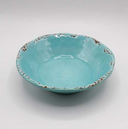 TOMMY BAHAMA MELAMINE CEREAL BOWLS RUSTIC CRACKLE TURQUOISE SPATTERED BROWN S/4