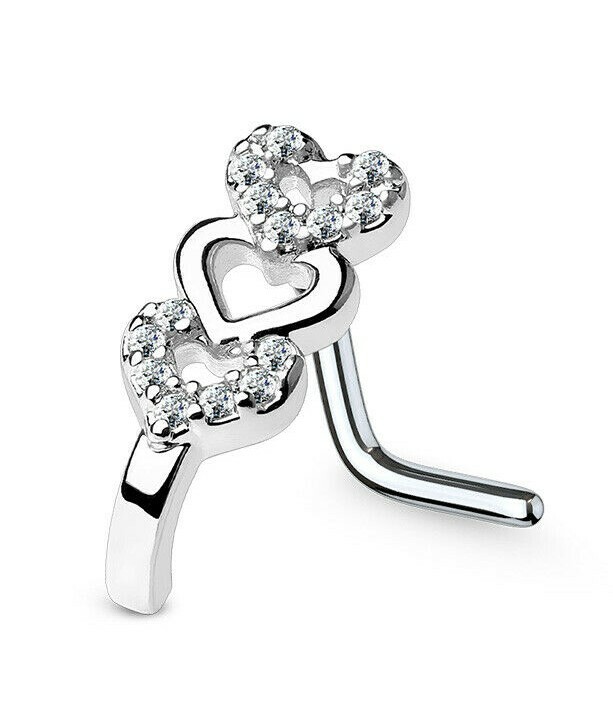 Triple Heart Nose Stud CZ Paved Crawler 20g (0.8mm) 10mm L Bent Body Jewellery