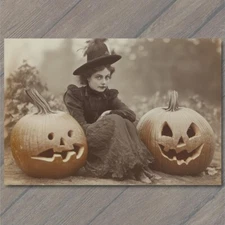 Art Print Victorian Woman with Jack-O’-Lanterns Pumpkins Halloween Vintage Style