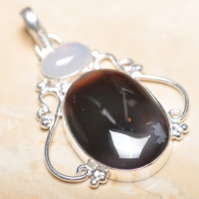Pendentif En Argent 925 Fait Main - Agate, Onyx, Jaspe Du Botswana - Longueur 2,75 Pouces