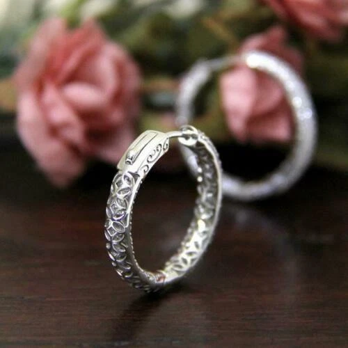 Lab Created 1.25Ct Round Cut White Sapphire Gold Hoop Earrings Solid 14k White - Image 4 of 4