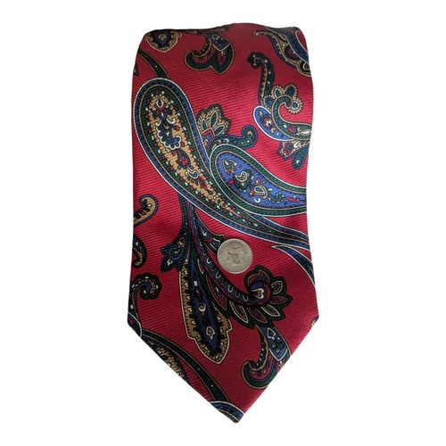 Vtg NWT Land's End 100% Silk Tie 3.5x58" Red Paisley Handsewn in USA Navy Gold - Picture 10 of 14
