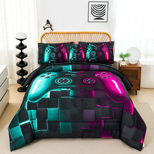 Game Twin Bedding Sets for Boys 6 Pieces Purple and Teal Kids Gaming Bed Comfort
