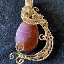 Gold Tone Opaque Pink Orange Bead Hand Made wire Wrapped Pendant