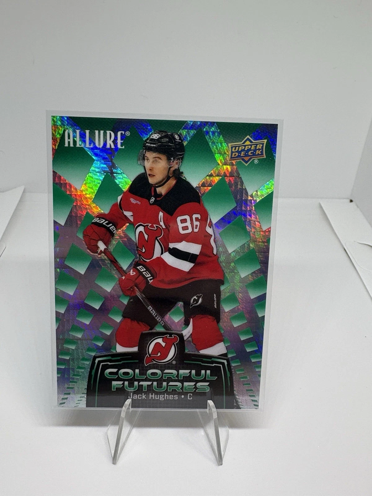 2024-25 UD Allure #CF-15 Jack Hughes Colorful Futures Spectrum Green #/99